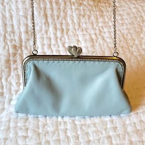 BESSO blue leather silver trim rhinestone heart magnetic cross bag mini bag